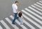 A man and a small child on a zebra crossing trespassing by crossing the street. In the summer on the street kid girl