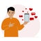 A man with a smartphone in his hand. The concept of correspondence, communication, social networks. Lots of hearts.