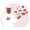 A man with a smartphone in his hand. The concept of correspondence, communication, social networks. Lots of hearts.