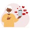 A man with a smartphone in his hand. The concept of correspondence, communication, social networks. Lots of hearts.