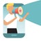 Man from smartphone shouting into a megaphone marketing announcement. Refer a friends concept. Man with loudspeaker and