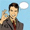 Man smile and shows OK hand sign with speech bubble. Vector illustration in retro comic pop art style