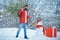 Man in snow. Man is going to cut a Christmas tree. Winter emotion. Bearded man with freshly cut down Christmas tree in