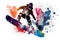 Man snowboarder jump on snowboard with rainbown watercolor splash isolated on white background. Neural network generated