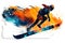 Man snowboarder jump on snowboard with rainbown watercolor splash isolated on white background. Neural network generated