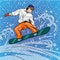 Man snowboarding in mountains. Vector illustration in pop art retro style. Winter sports vacation concept. Sportsman