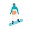 Man in snowsuit riding snowboard. Guy in seasonal sportswear practicing snowboarding. Extreme winter sports and