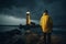 Man Solitude at the Lighthouse. Generative AI