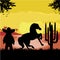 Man in a sombrero and his horse in desert sunset