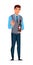 Man sommelier, salesman or restaurant waiter presenting wine bottle. Male character standing on white. Presentation
