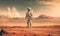 a man in a space suit standing on a desert plain