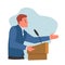Man speaker speaking from podium with microphone, side view of male confident politician