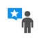 Man with speech bubble and star colored icon. Review, feedback, comment, customer satisfaction symbol