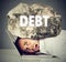 Man squeezed between laptop and rock. Student loan debt concept