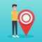 Man stand next to large map pointer. Flat design modern vector i