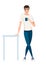 Man stand at the table and hold blue tea cup. Man in white t-shirt and blue pants. Cartoon character design. Flat vector