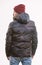 Man stand warm camouflage pattern jacket parka with hood isolated on white background. Hipster winter fashion. Guy wear