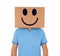 Man standing with a cardboard box on his head with smiley face