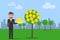 Man standing while catching a dollar coin from money tree. Money growth concept. Dollar signs