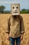 A man standing in a field with a cardboard box on his head. Generative AI image.