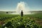 A man standing in a field with a sprinkle of water. Agriculture land