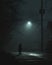 A man standing in a foggy street at night looking at a street lamp