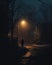 A man standing in a foggy street at night looking at a street lamp