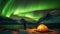 Man standing in front of camping tent and looking at aurora borealis. Generative AI