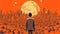 Man is standing in front of an orange skyline. The skyline consists of numerous small orbs that are arranged in rows