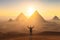 man standing in front of the pyramids at sunset. Generative Ai
