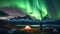 Man standing in front of a tent and watching the northern lights. Generative AI