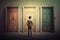 Man standing in front of three doors choosing right one, choice concept, generative AI