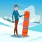 Man Standing Hold Snowboard Winter Activity Sport Vacation Snow Mountain Slope