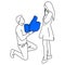 Man standing on knee making marriage proposal with like sign vector illustration sketch doodle hand drawn with black lines