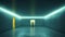 Man standing in a large empty hall with cyan neon lights. Futuristic minimalist architecture. Generative AI