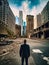 Man standing in the middle of a bustling city street. A man standing in the middle of a city street