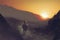 Man standing on mountain pathway stairs looking at the sunset