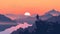 Man Standing on Mountaintop at Sunset in Graphic Design Style