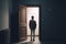 Man standing near opened door, concept of Suspense and Intrigue, created with Generative AI technology