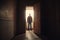 Man standing near opened door, concept of Suspense and Intrigue, created with Generative AI technology