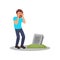 Man standing near tombstone and crying. Grieving guy visiting grave of family member. Isolated flat vector design