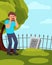 Man standing near tombstone and crying. Grieving guy visiting grave. Green tree, fence and blue sty on background. Flat