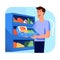 Man standing open refrigerator full fresh produce, selecting food shelf. Smiling person casual