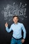 Man standing over blackboard with a plan concept. point above