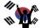 Man standing raising his arms in victory in front of big South Korea flag