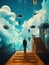 A man is standing on a stairway in the sky. AI generative image.