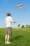 Man standing on summer meadow and flying kite