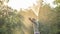 Man standing in summer nature surrounded by tall trees spraying