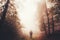 Man standing in surreal forest with red fog