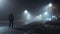 A man standing to his back to the camera, wearing a winter coat. Looking down an empty road on a moody, atmospheric, spooky night